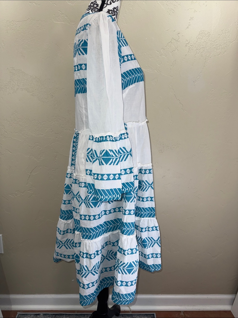 Attic Salt Blue & White Cotton Tiered V-Neck Boho Midi Dress Coastal Aztec XL - Picture 5 of 13